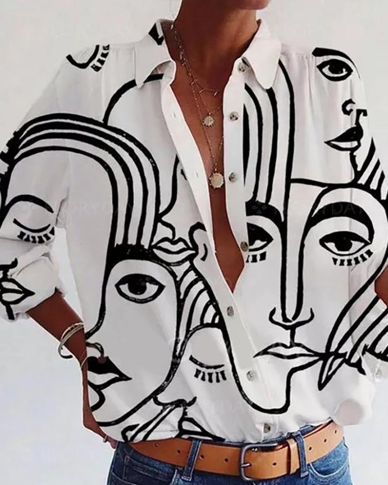 

Figure Print Button Front Long Sleeve Shirt, White