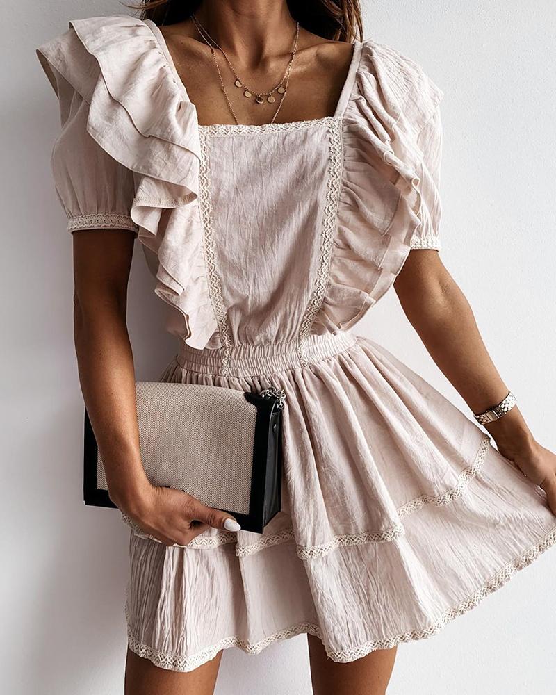 

Layered Ruffles Elastic Waist Detail Casual Dress, Apricot