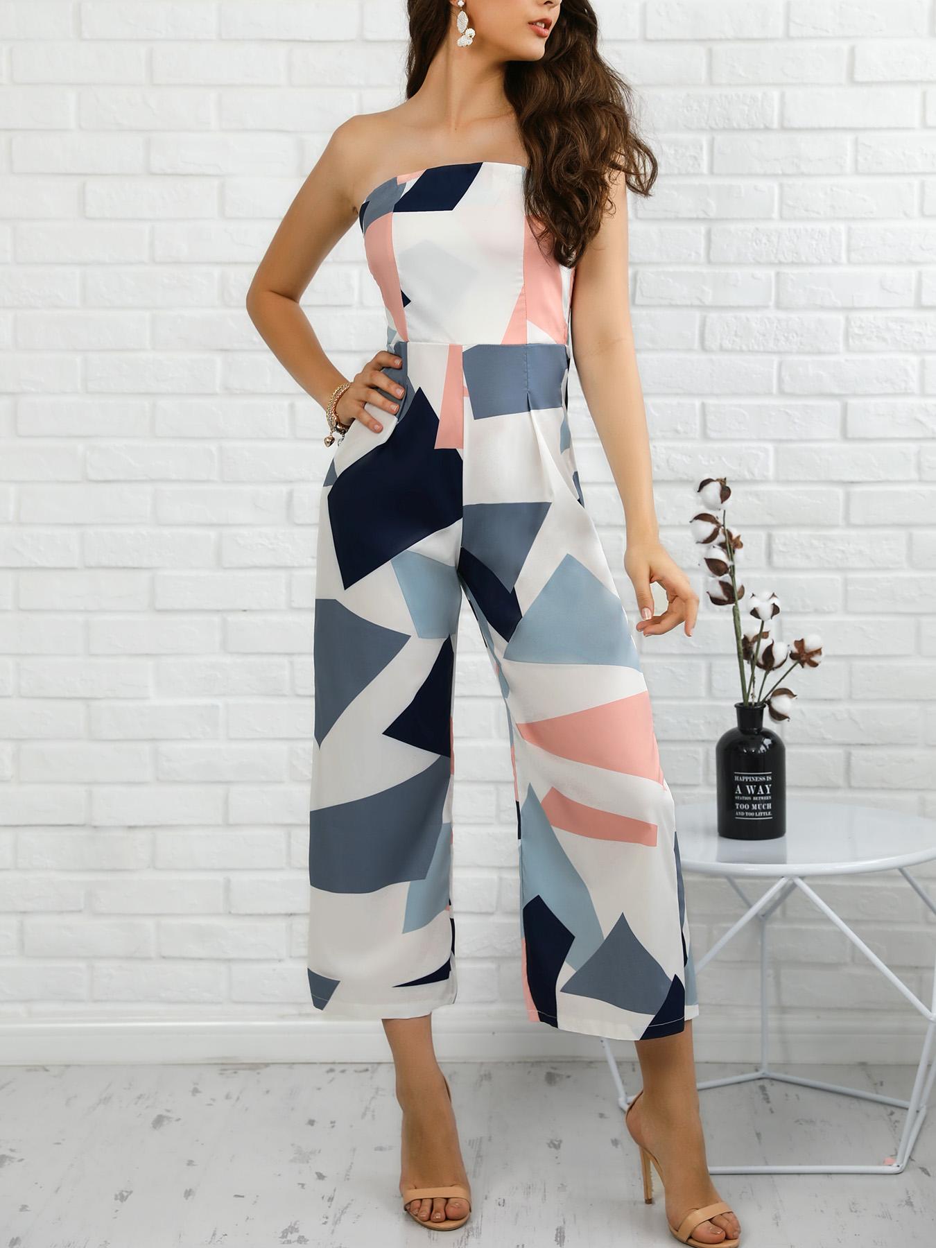 

Geo Print Wide Leg Tube Jumpsuit, White