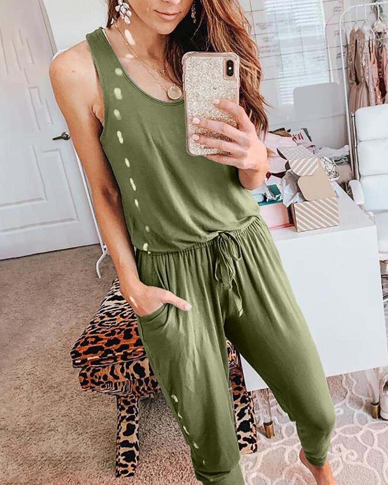 

Round Neck Casual Vest Jumpsuit, Green