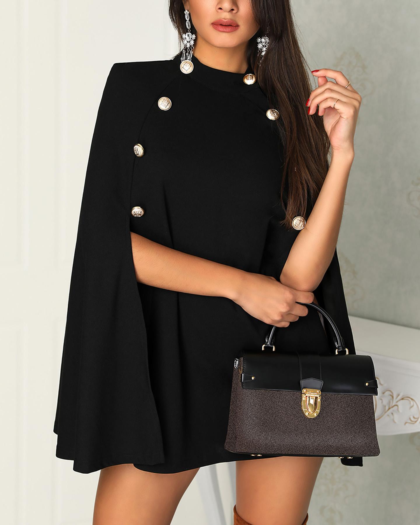 

Button Detail Cloak Design Mini Dress, Black