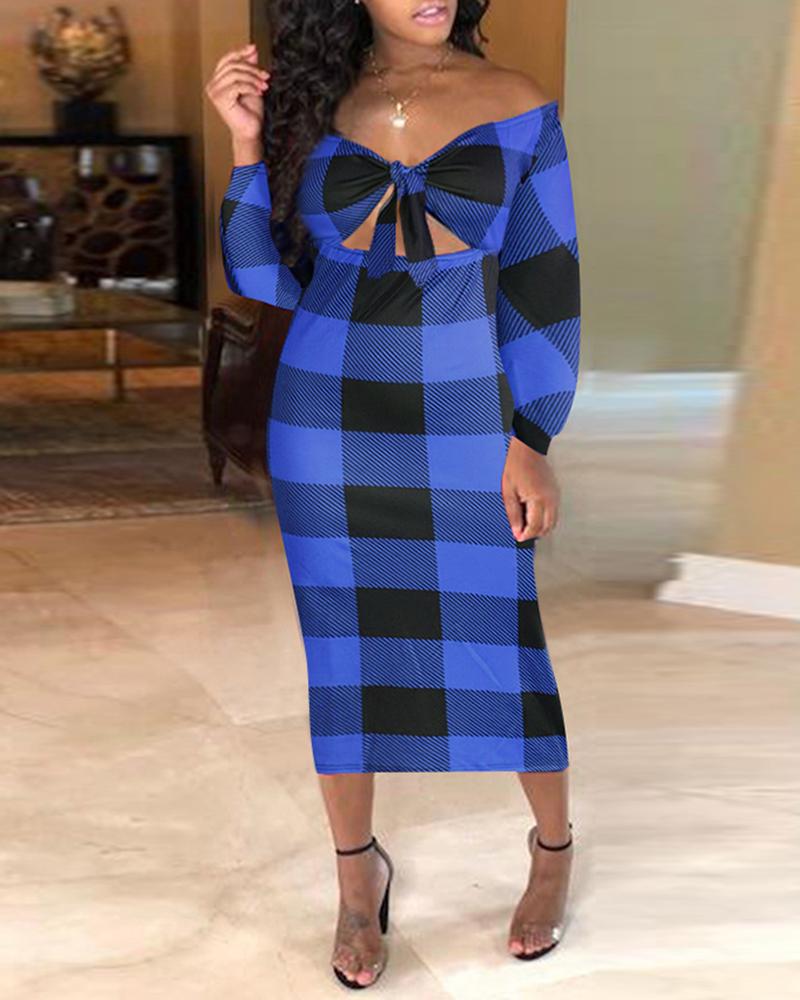 

Grid Colorblock Tied Slit Midi Dress, Blue
