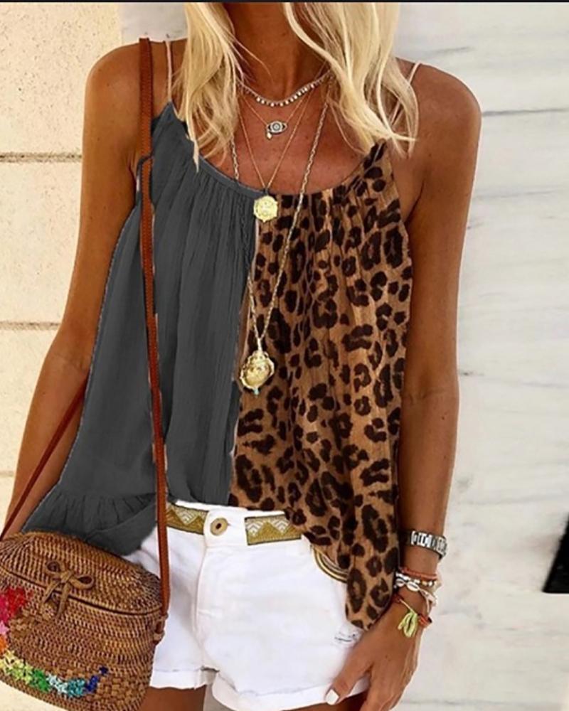 

Leopard Print Colorblock Tank Top, Black