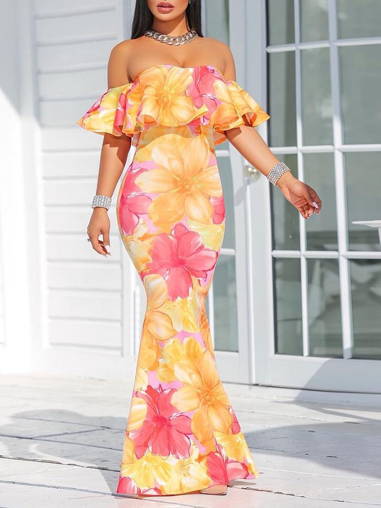 

Floral Print Ruffle Strapless Fishtail Maxi Dress, Yellow