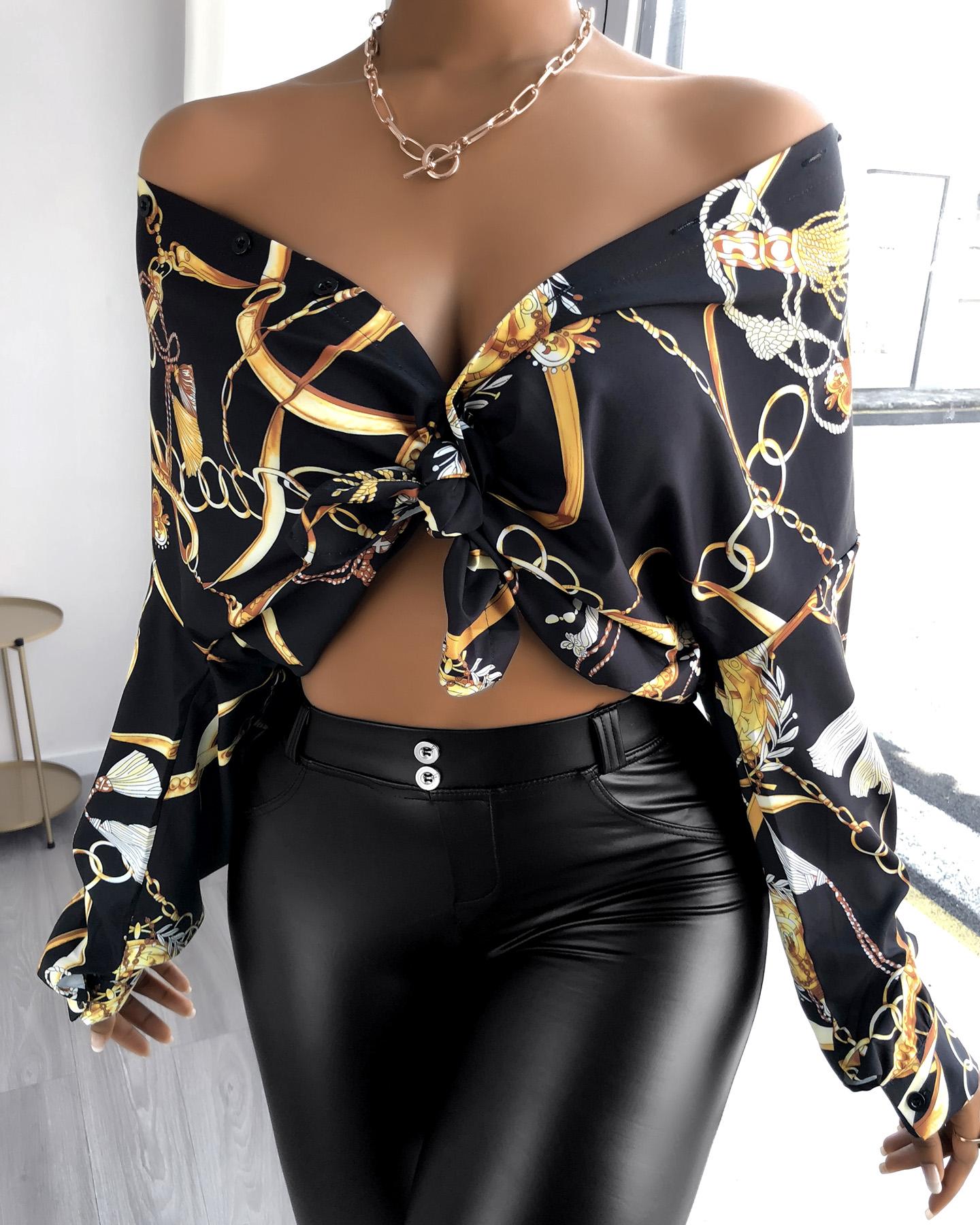 

Scarf Print Off Shoulder Blouse, Black