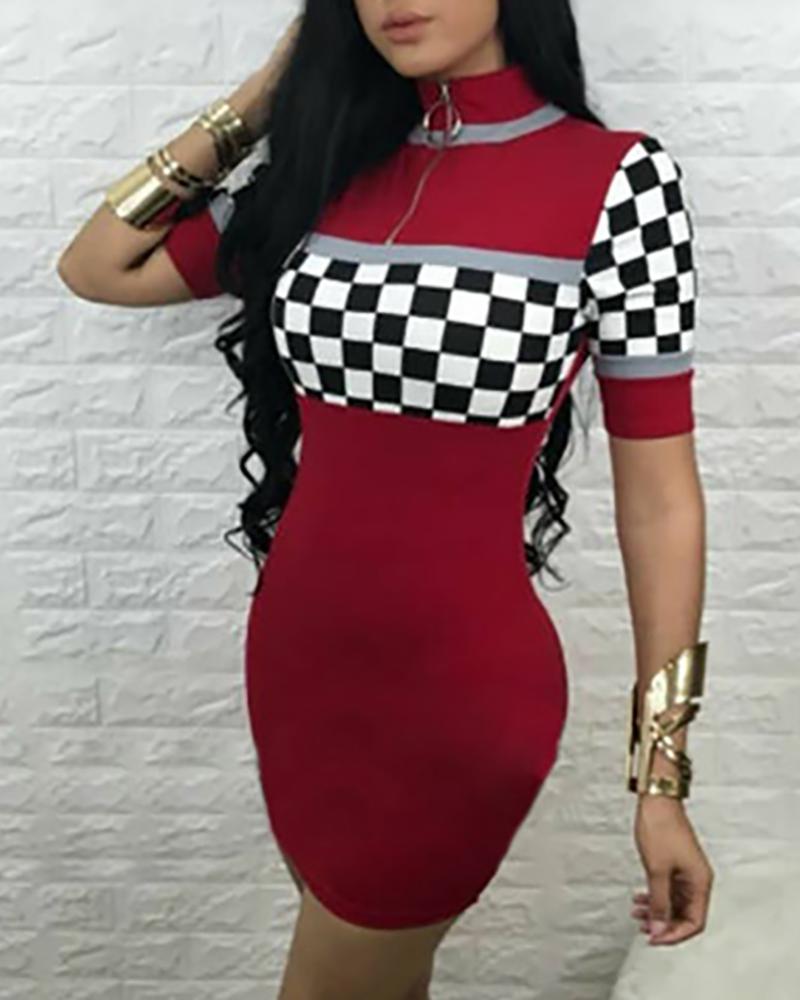 

High Neck Plaid Bodycon Dress, Wine red