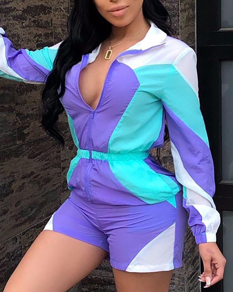 

Colorblock Insert Zipper Design Romper, Purple