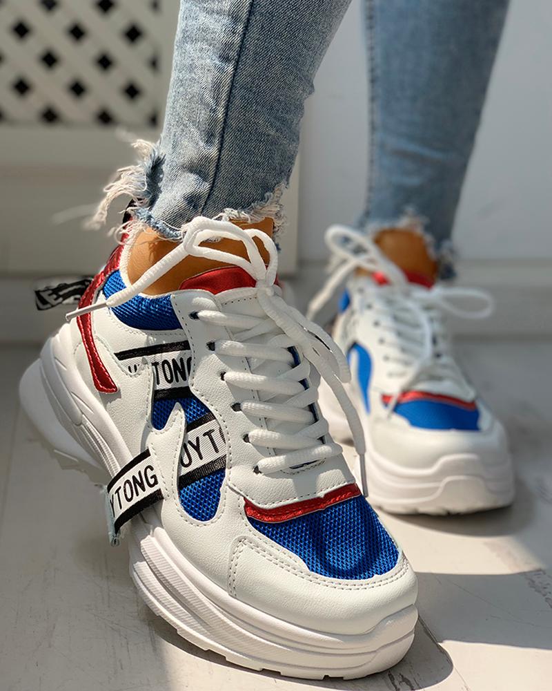 

Colorblock Letter Print Lace-Up Platform Sneakers, Blue