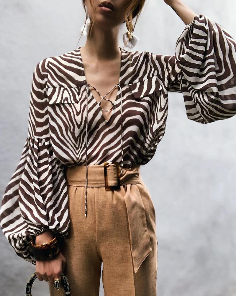 

Zebra Print Balloon Sleeve Casual Blouse, Brown