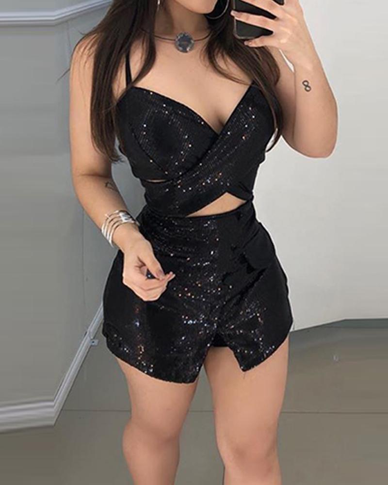 

Glitter Sequins Cross Over Design Rompers, Black