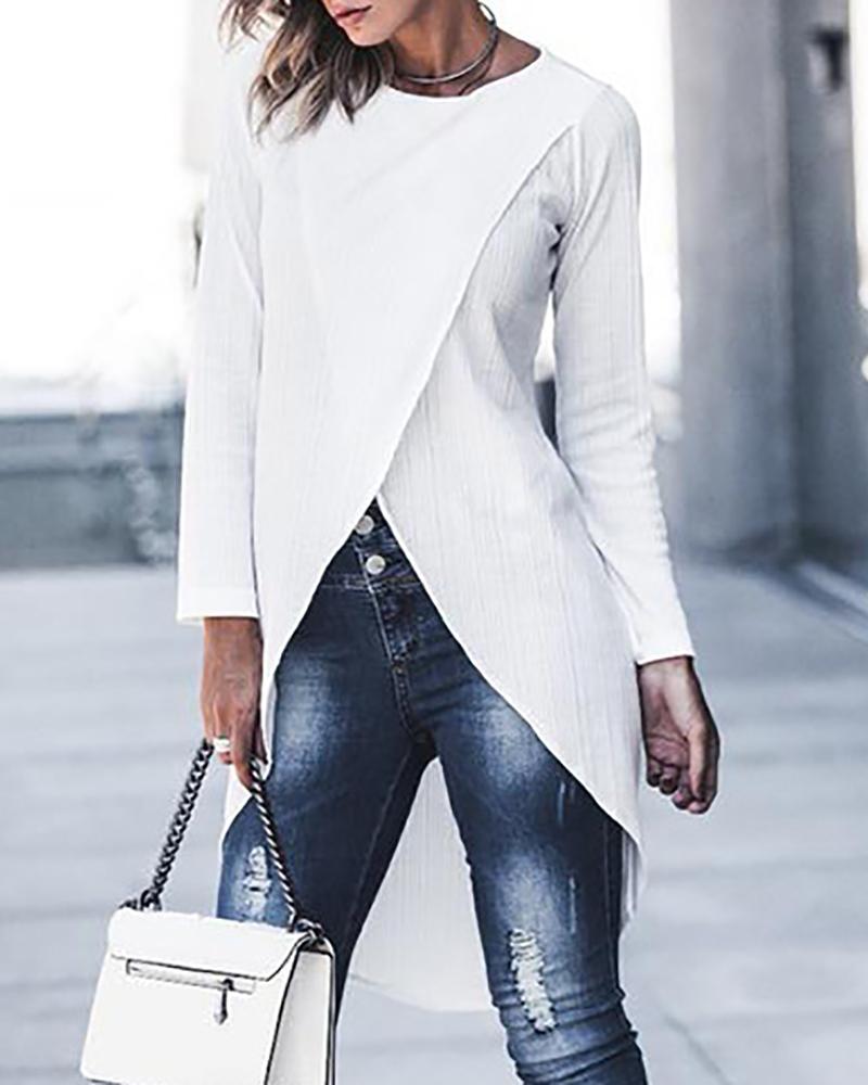 

Solid Long Sleeve Irregular Slit Blouse, White
