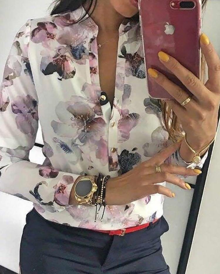 

Floral Print Button Up Long Sleeve Blouse, Multicolor