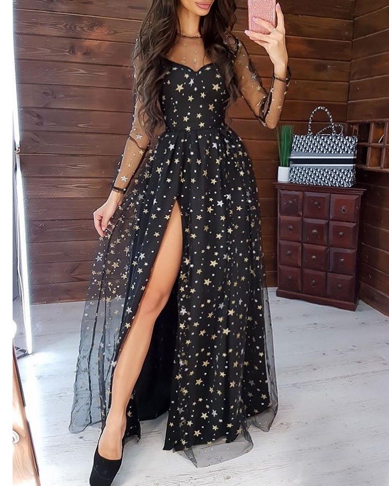 

Star Print Patchwork Mesh High Slit Dress
