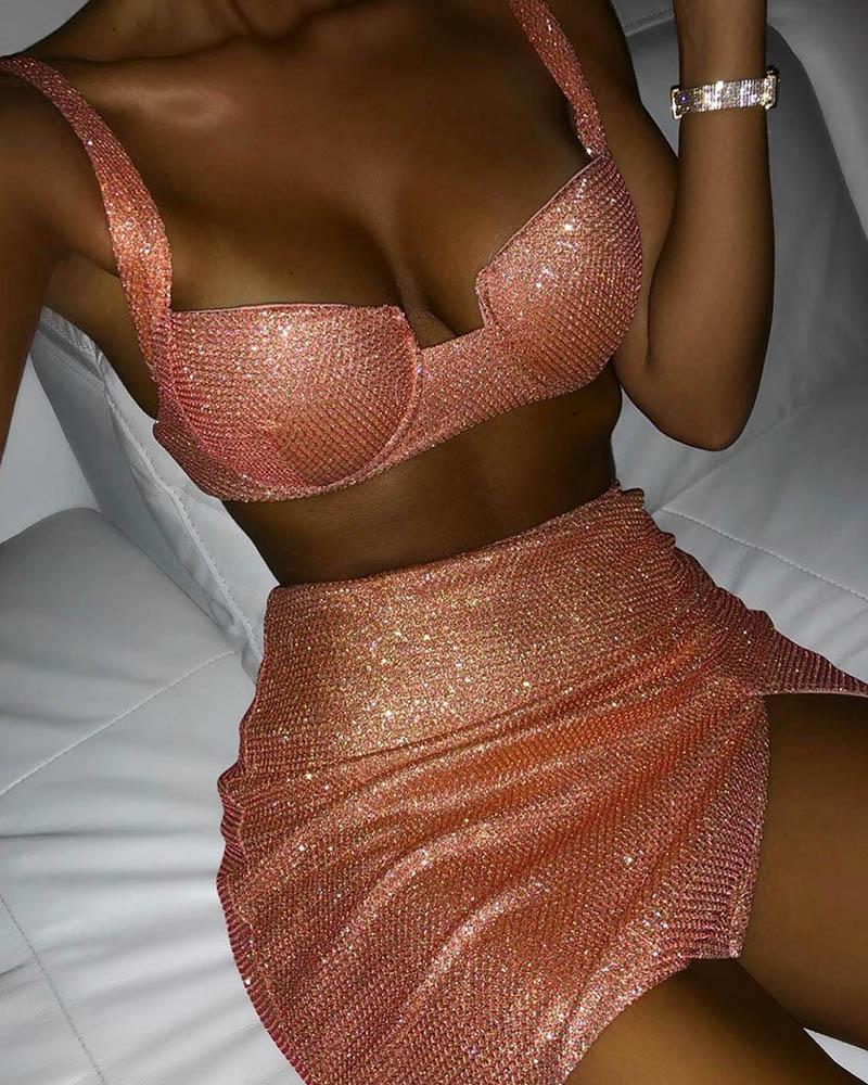 

Glitter Bustier Zipper Design Crop Top & Slit Skirt Set, Orange