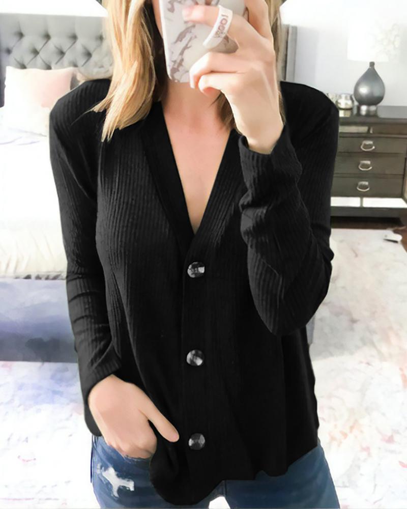 

Solid V Neck Ribbed Buttoned Cardigan, Black