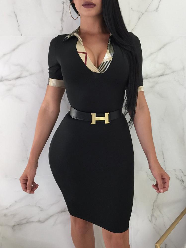 

Grid Print Patchwork Solid Bodycon Dress