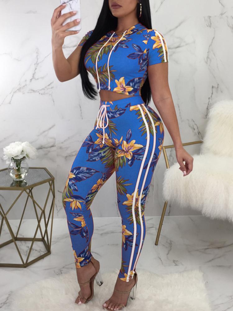 

Floral Print Crop Top&Drawstring Pants Set, Blue