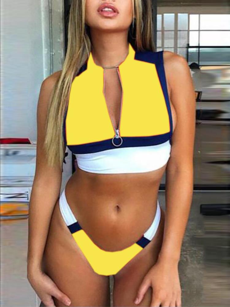 

Contrast Color Splicing Zipper Up Tankini Sets, Yellow