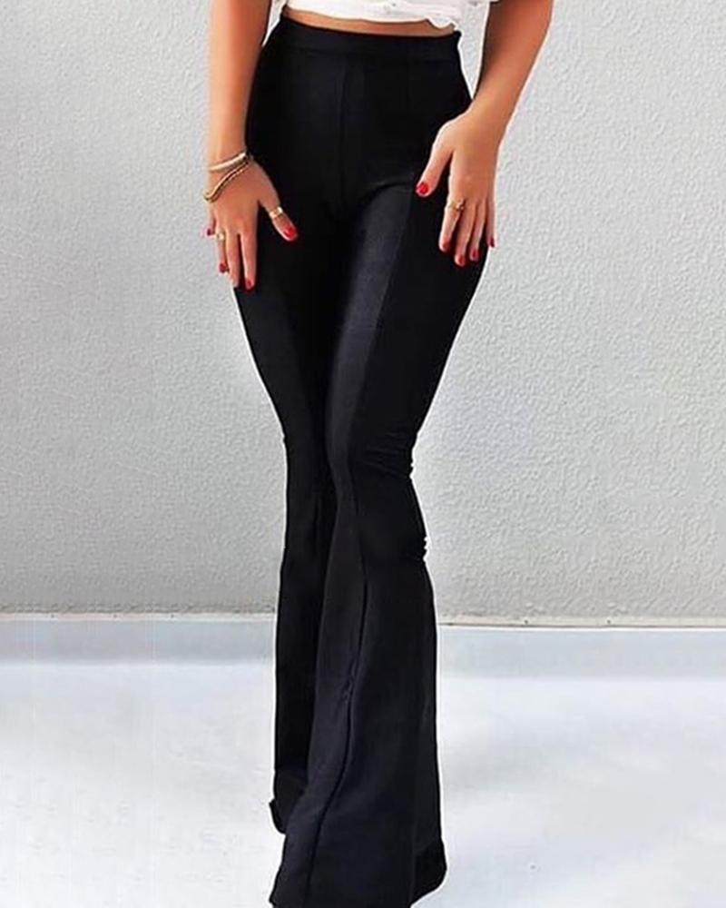 

Solid High Waist Bell-Bottom Casual Pants, Black