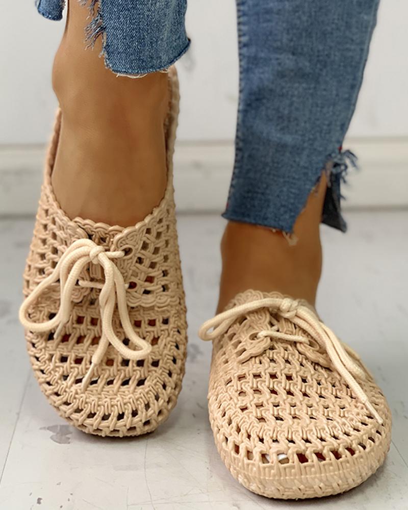 

Hollow Out Lace-Up Closed Toe Slipper, Khaki