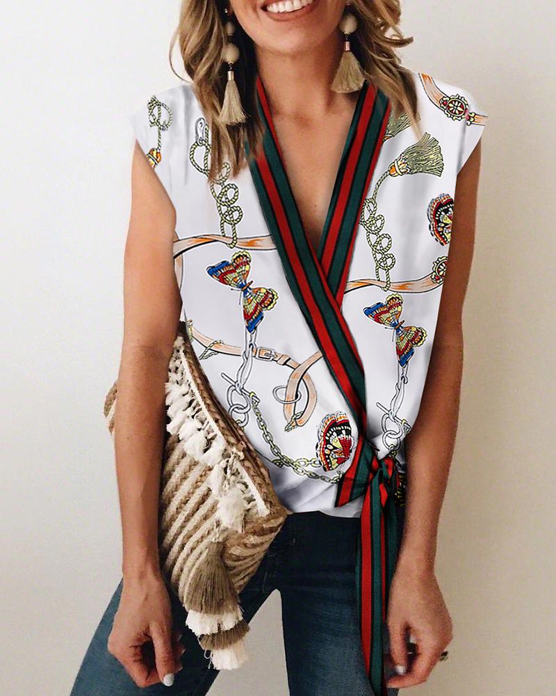 

Chains Print V-neck Wrap Tied Blouse