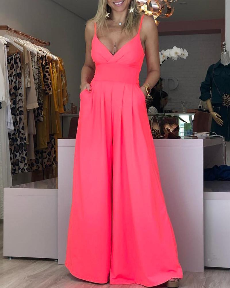

Spaghetti Strap Wide Leg Jumpsuit, Pink