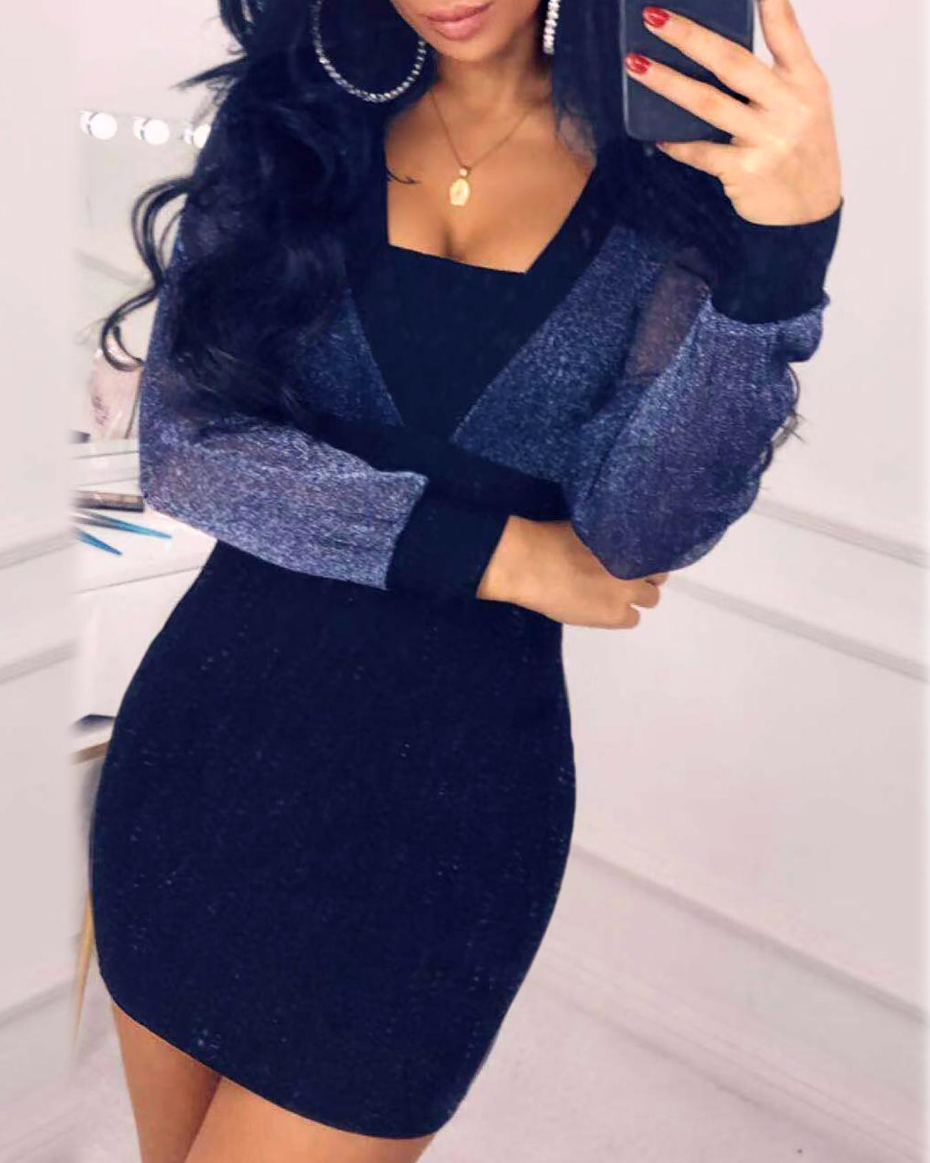 

Long Sleeve Glitter Insert Bodycon Dress, Blue