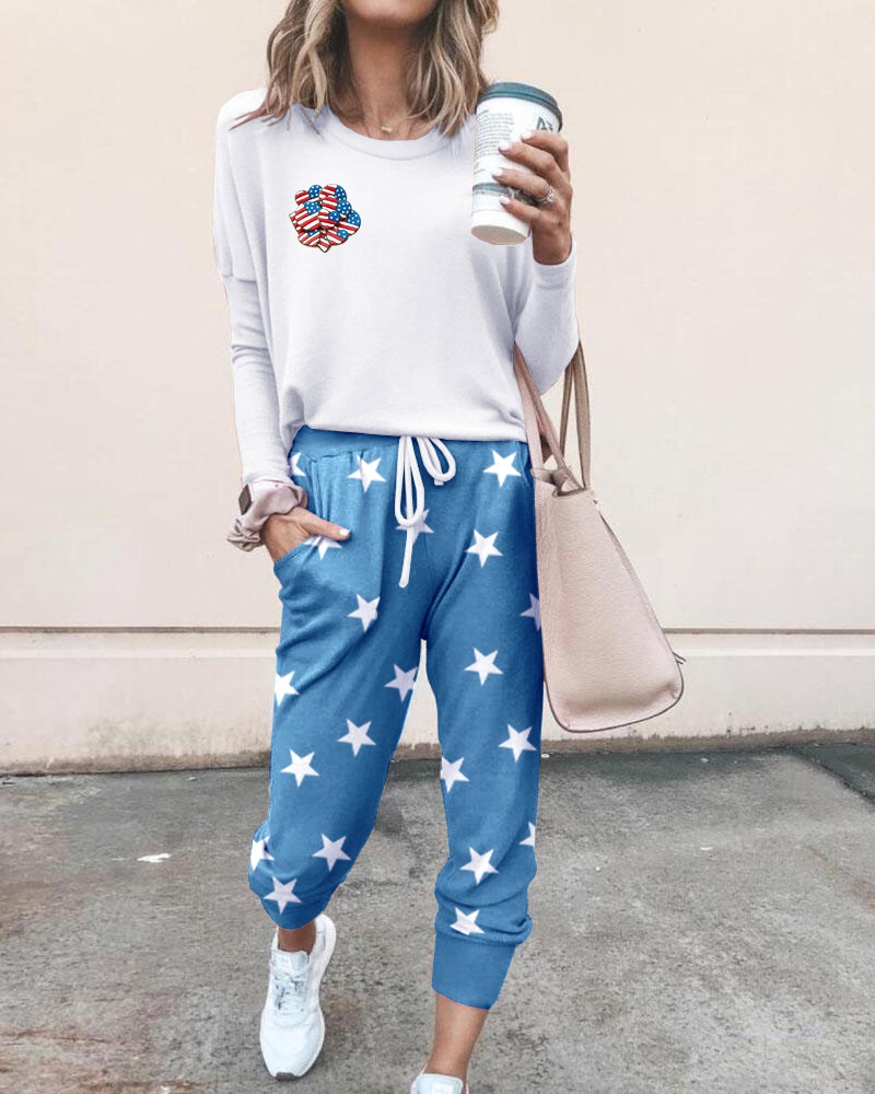 

Flag Star Print Round Neck Top & Pants Set, White