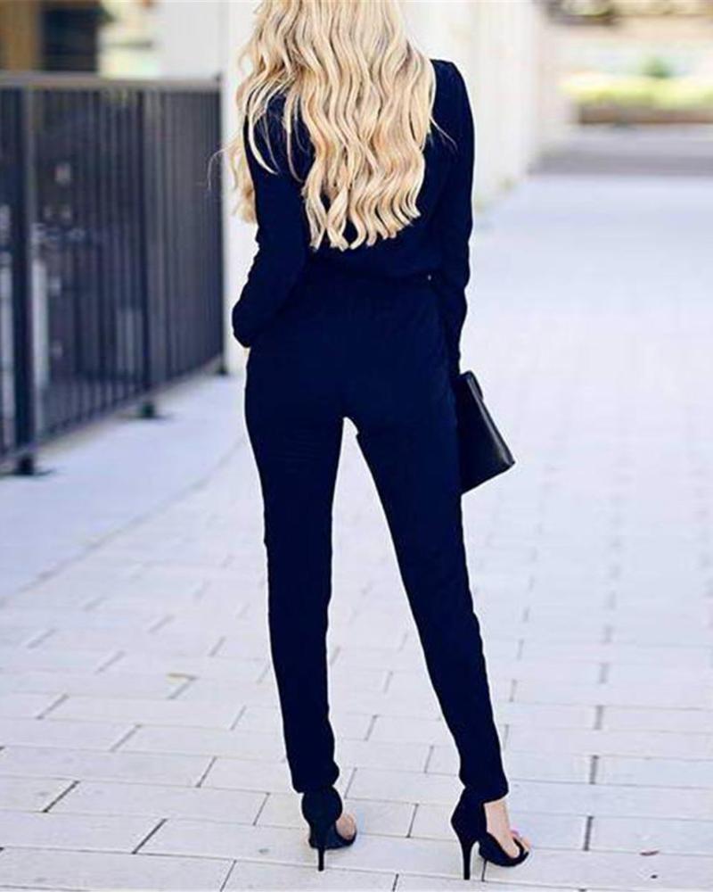 

Solid Drawstring Design Casual Jumpsuit, Dark blue