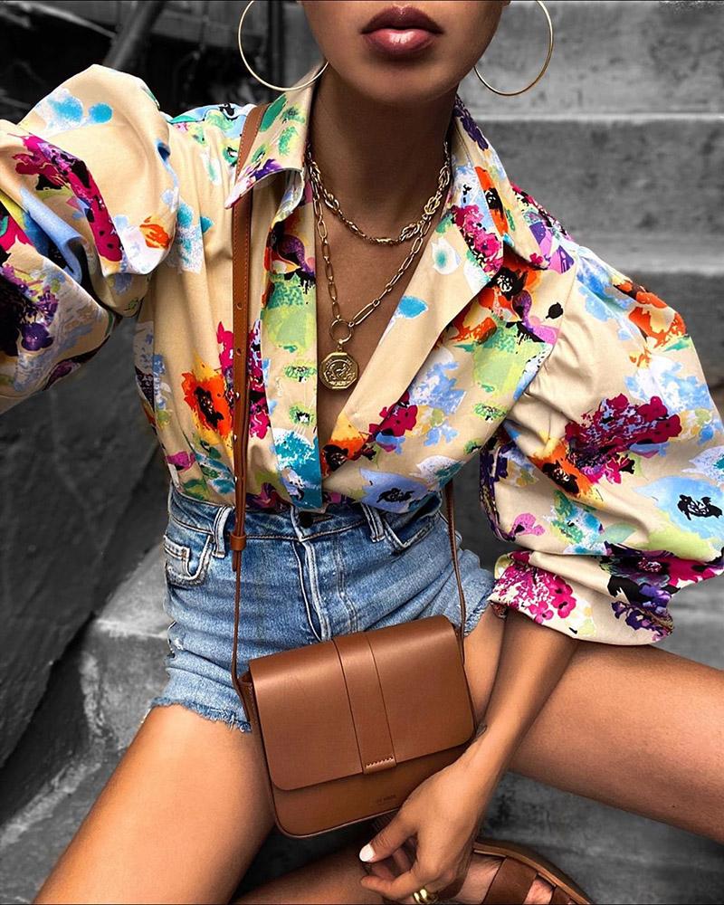 

Print Colorblock Lantern Sleeve Shirt, Yellow