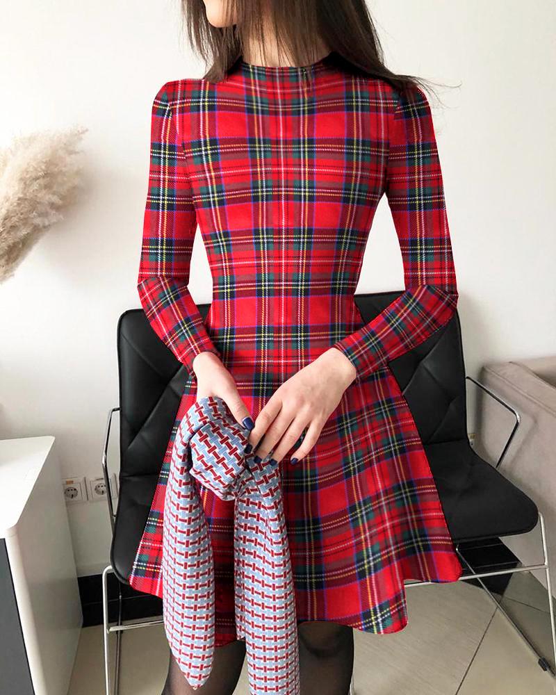 

Plaid Colorblock Long Sleeve Casual Dress, Red