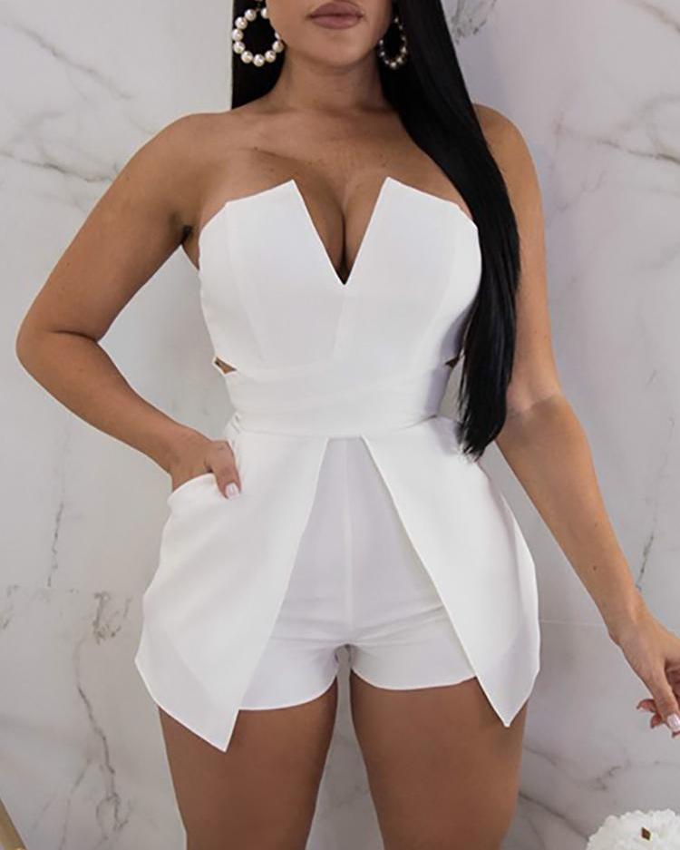 

V Neck Zipper Up Back Tube Romper, White