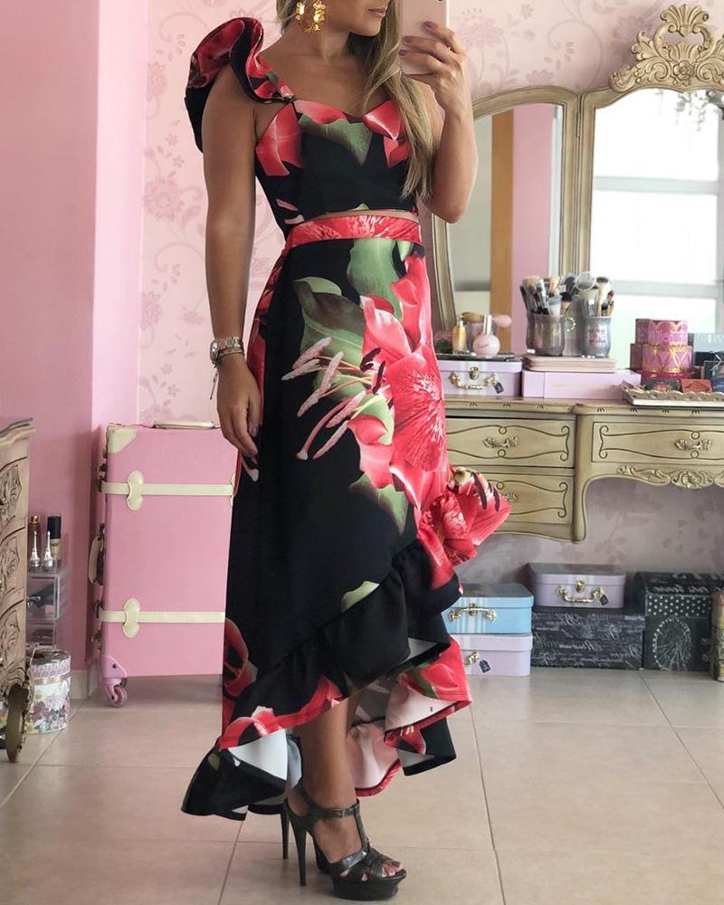 

Floral Print Ruffles Top & Irregular Skirt Sets