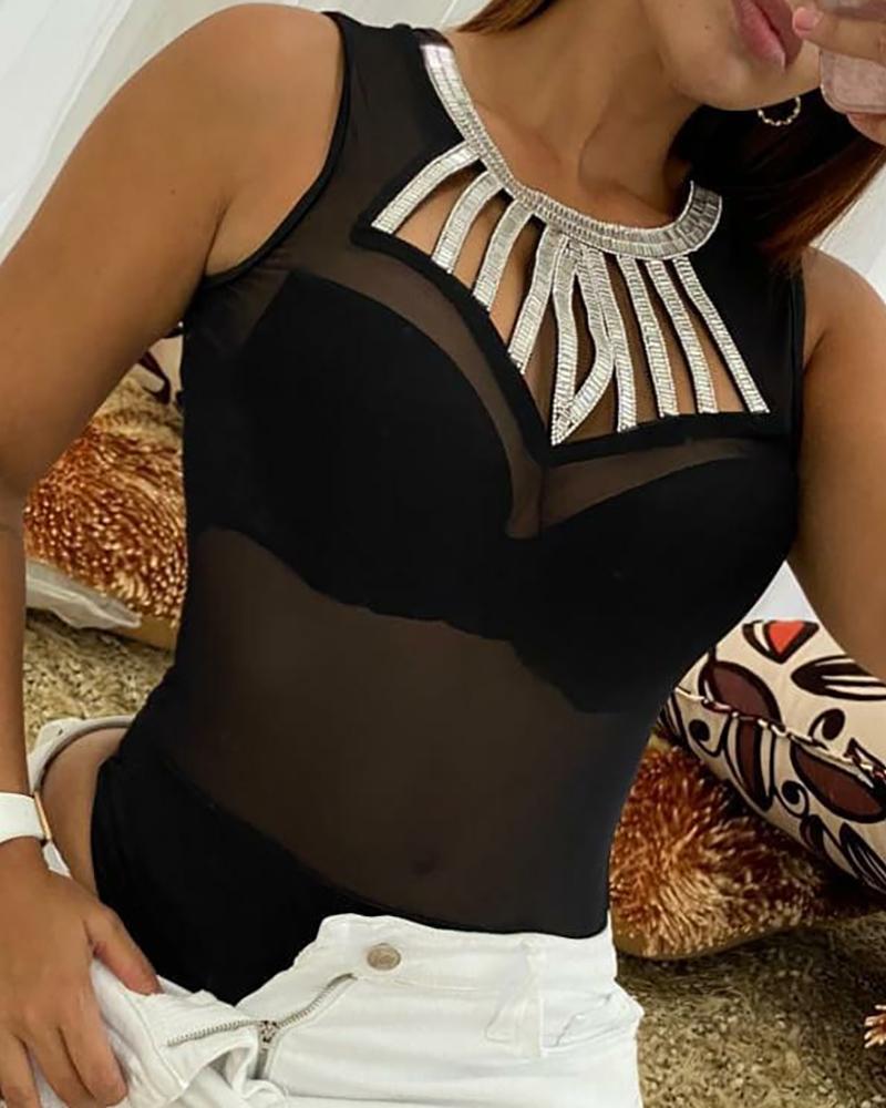 

Sheer Mesh Cutout Sleeveless Bodysuit, Black