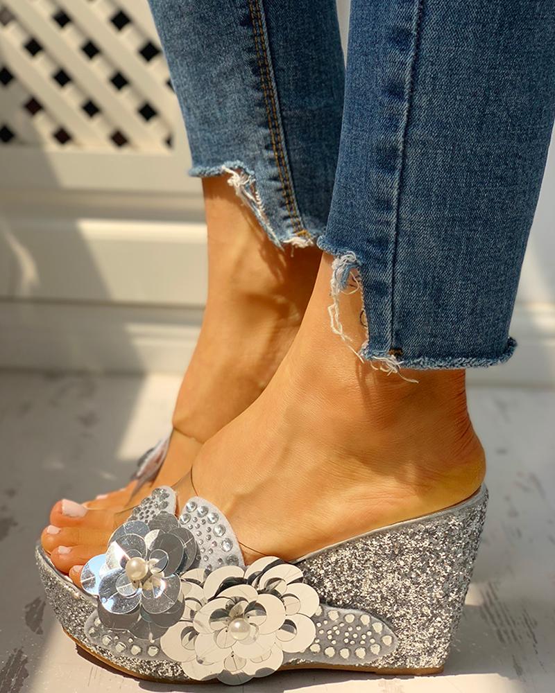 

Transparent Bead Studded Platform Wedge Sandals, Silver