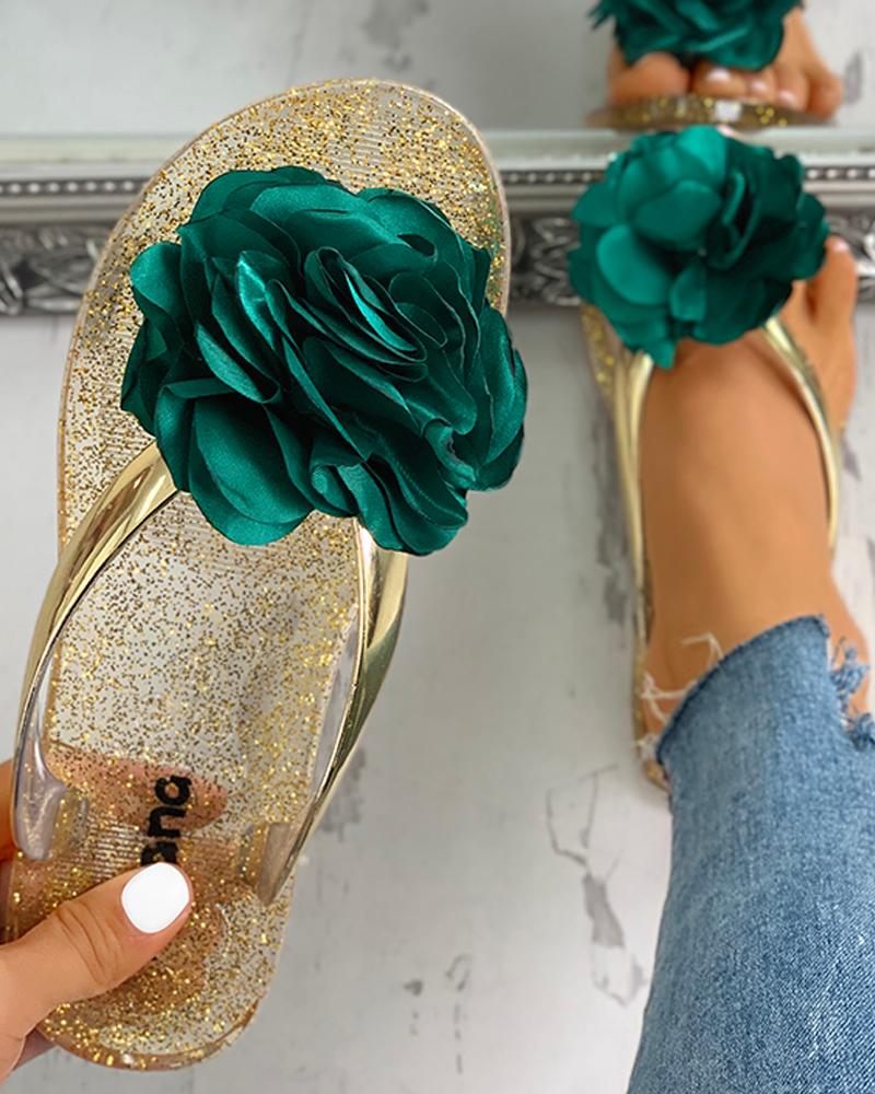 

Flower Embellished Toe Post Slipper Sandals, Green