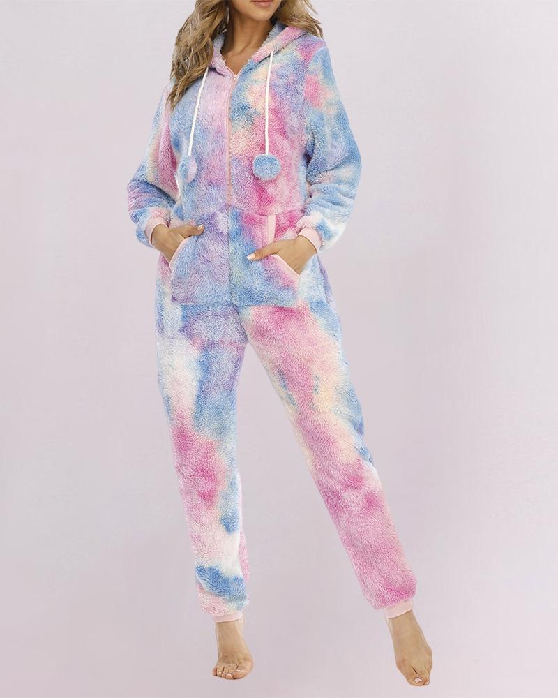 

Tie Dye Print Hooded Teddy Sleep Jumpsuit, Pink