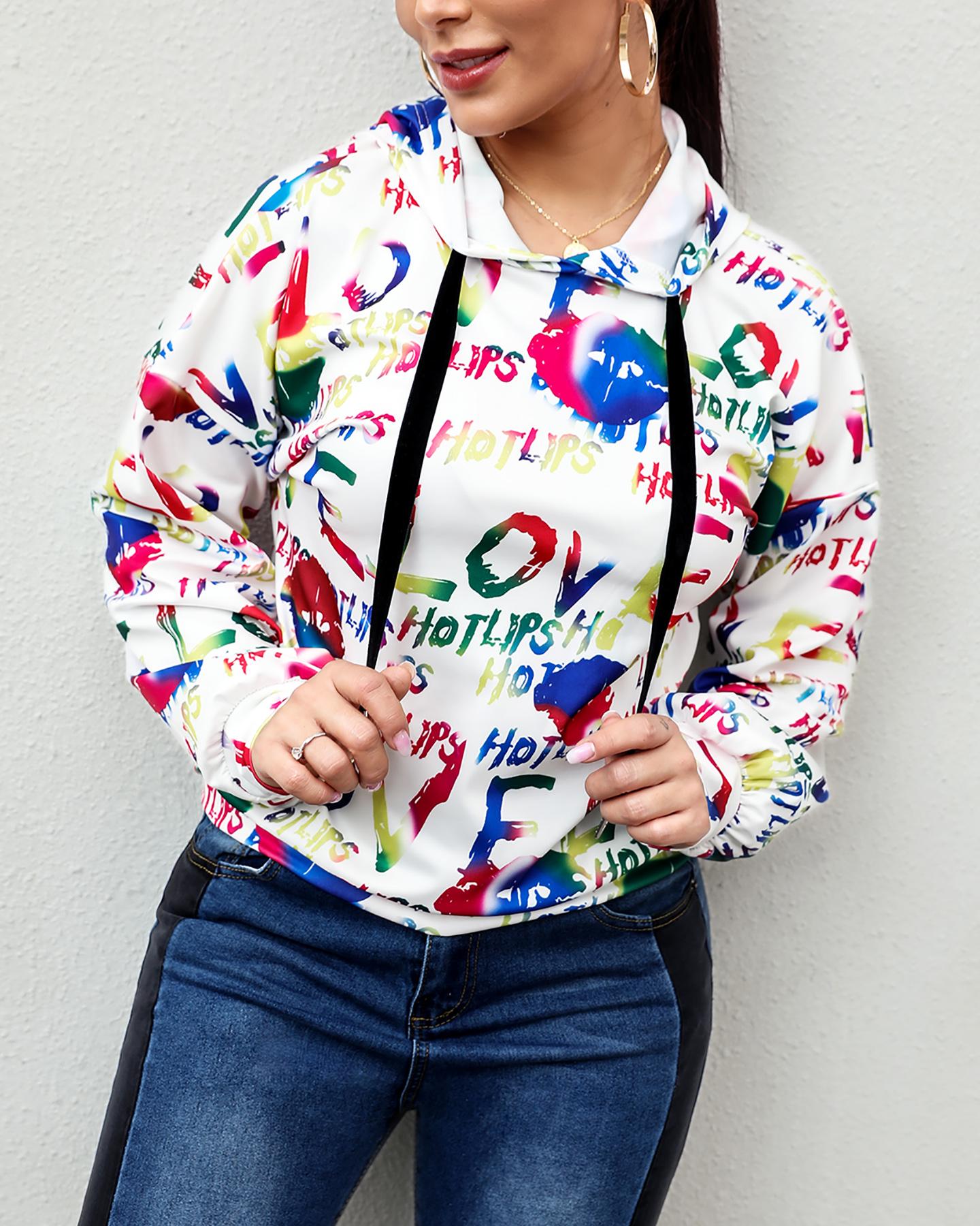 

Letter Print Long Sleeve Hooded Sweatshirt, Multicolor