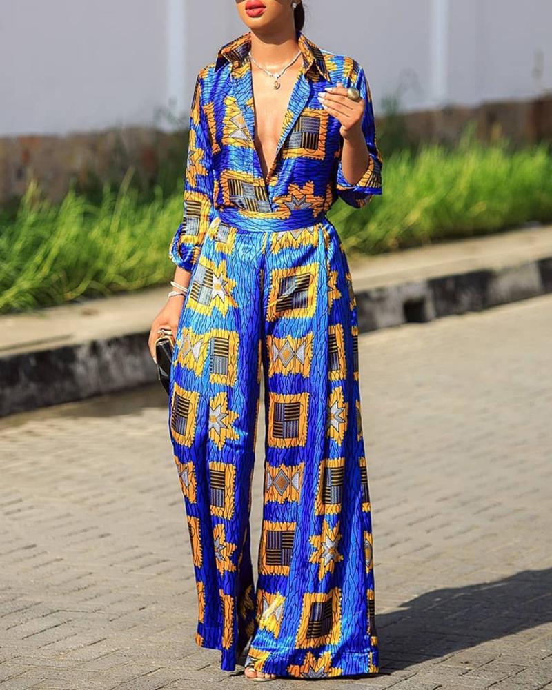 

Abstract Print Buttoned Shirt & Casual Pant Sets, Blue