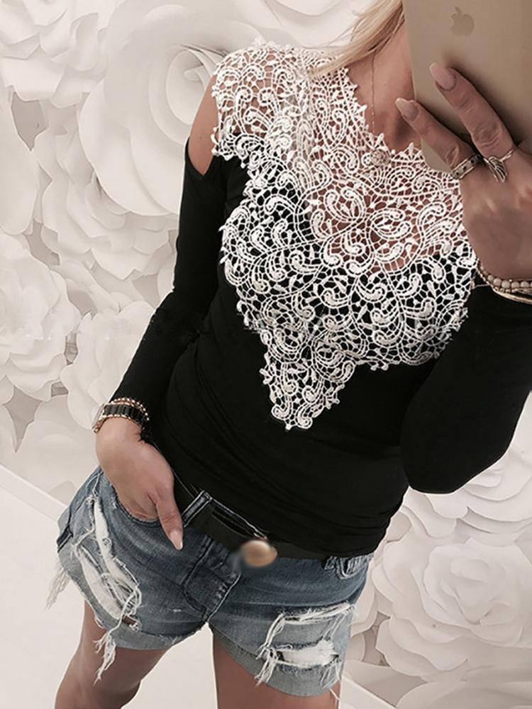 

Appliqued Hollow Out Splicing Blouse