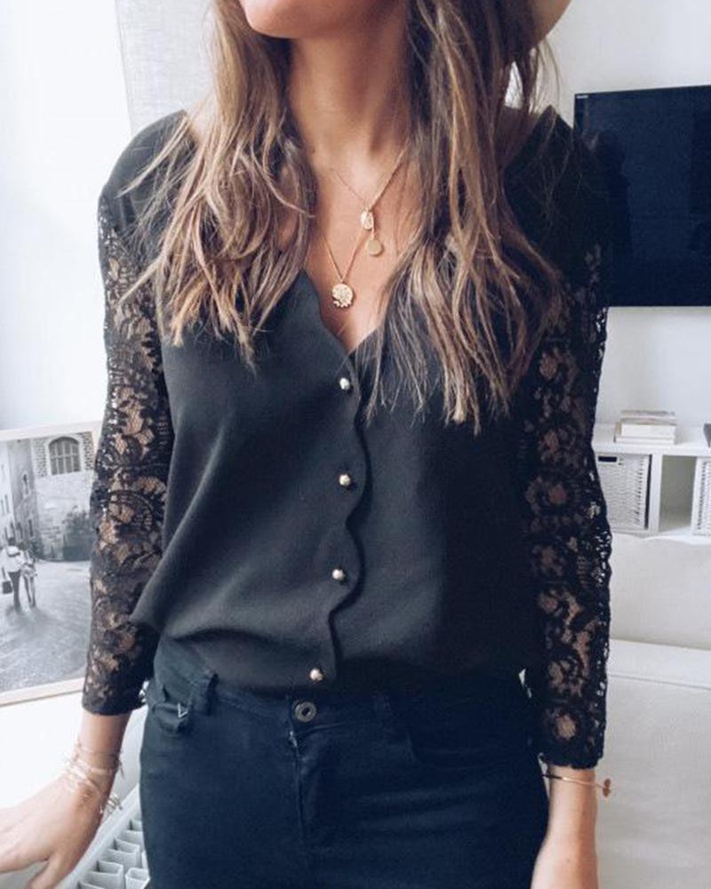 

Solid Lace Sleeve Ruffle Placket Top, Black