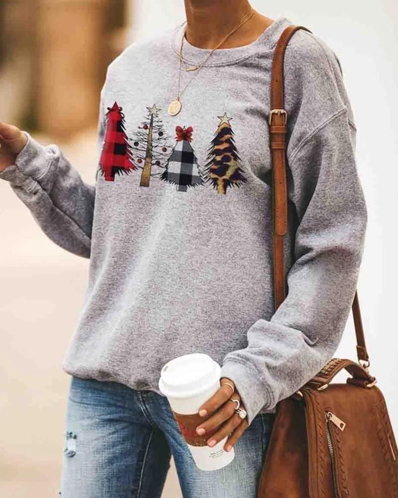 

Christmas Tree Print Casual Sweatshirt, Gray