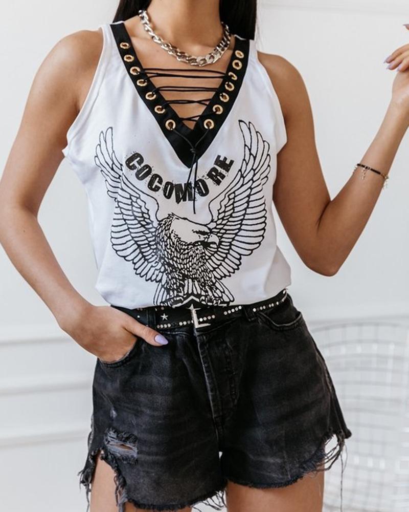 

Eagle Print Lace Up Tank Top, White