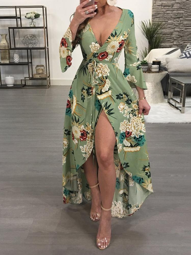 

Floral Pattern V Neck Asymetrical Wrap Maxi Dress, Multicolor