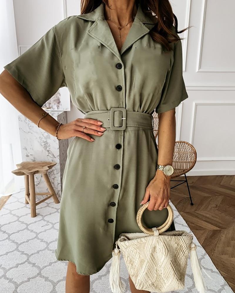 

Solid Button Design Short Sleeve Shirt Dress, Army green