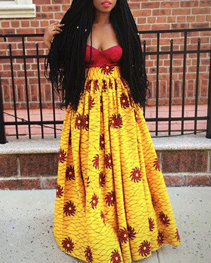

Floral Print Tight Waist Maxi Skirt, Red