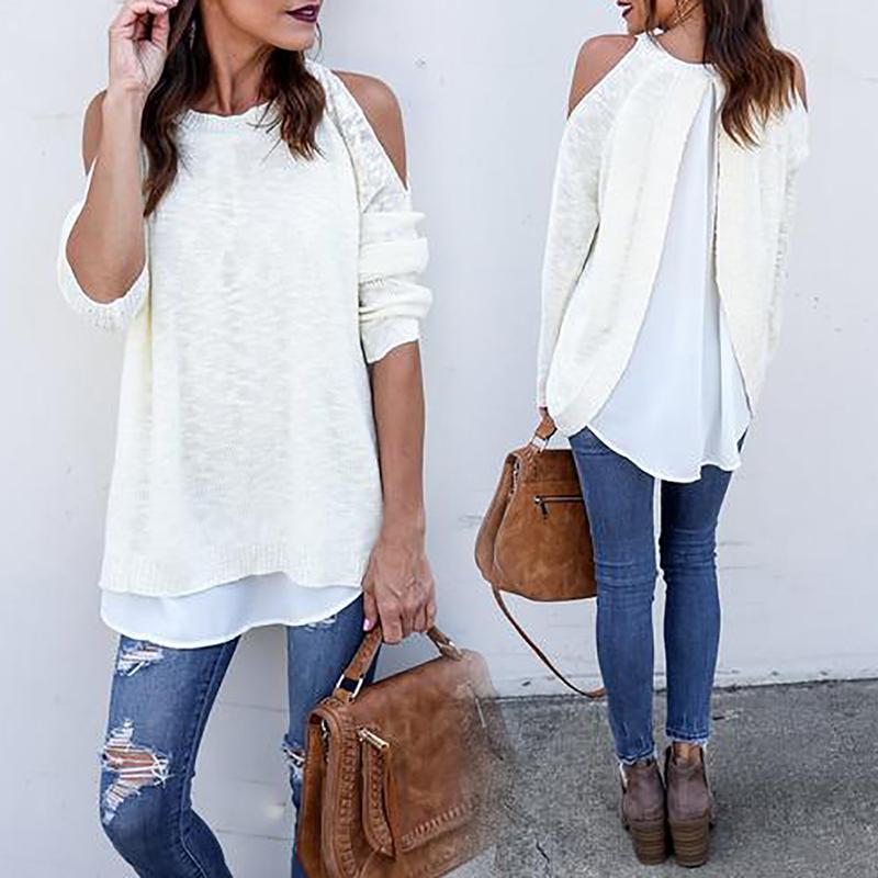 

Stylish Cold Shoulder Long Sleeve Casual Top, White