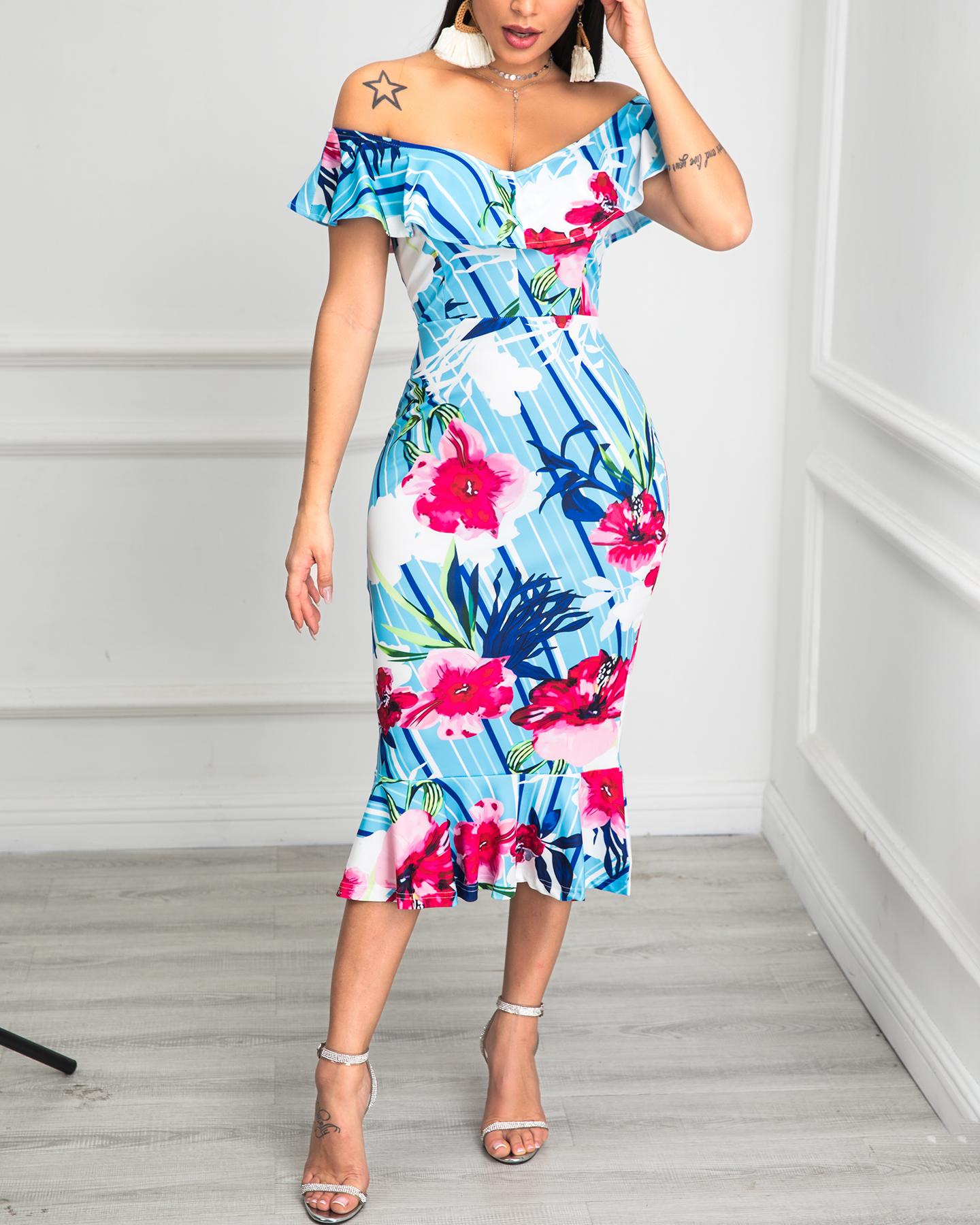 

Floral Print Off Shoulder Ruffles Dress, Multicolor
