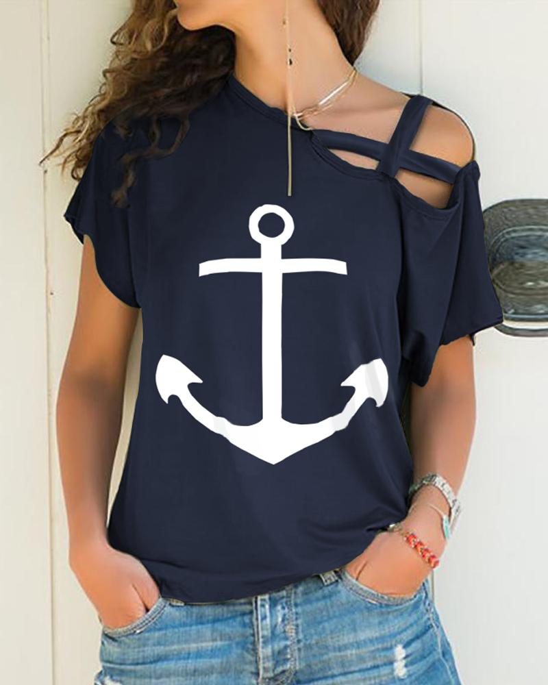 

X-strap Cold Shoulder Boat Anchor Print T-Shirt