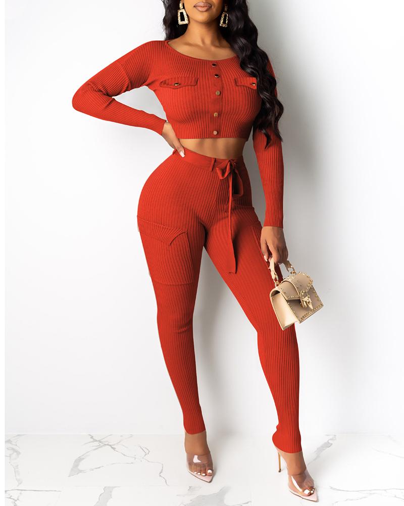 

Buttoned Ribbed Pocket Crop Top & Drawstring Pants Sets, Red